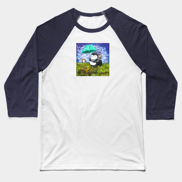 Penguin with Parasol Monet Art Series Baseball T-Shirt by thepenguinsfamily